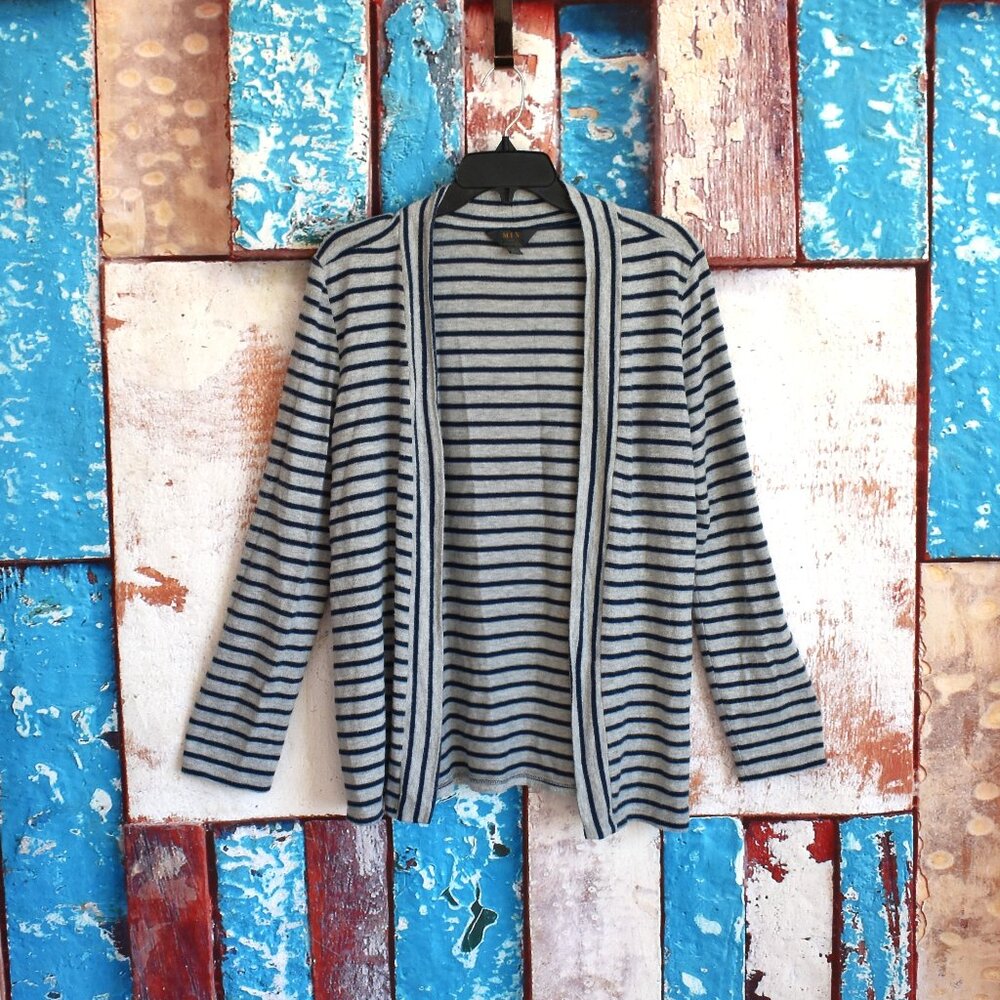 Women's Mix by 41 Hawthorn Striped Open Front Soft Cardigan LARGE Blue/Gray